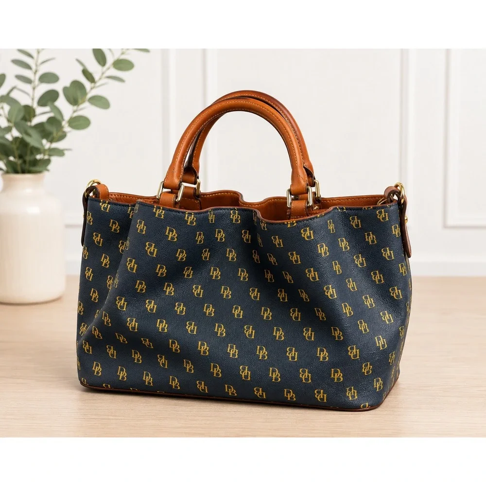 DOONEY & BOURKE Gretta Signature Monogram Satchel Navy Brown Leather Trim NWOT